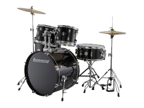 Ludwig 5PC Accent Fuse Drum Kit with Hardware, Cymbals, & Throne Black Sparkle 10 12 14 14SN 20BD
