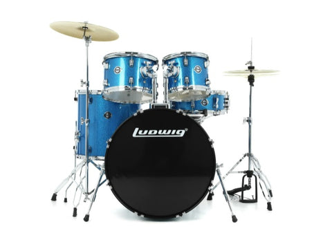 Ludwig 5PC Accent Drive Drum Kit with Hardware, Cymbals, & Throne Blue Sparkle 10 12 16 14SN 22BD