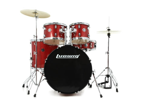 Ludwig 5PC Accent Drive Drum Kit with Hardware, Cymbals, & Throne Red Sparkle 10 12 16 14SN 22BD