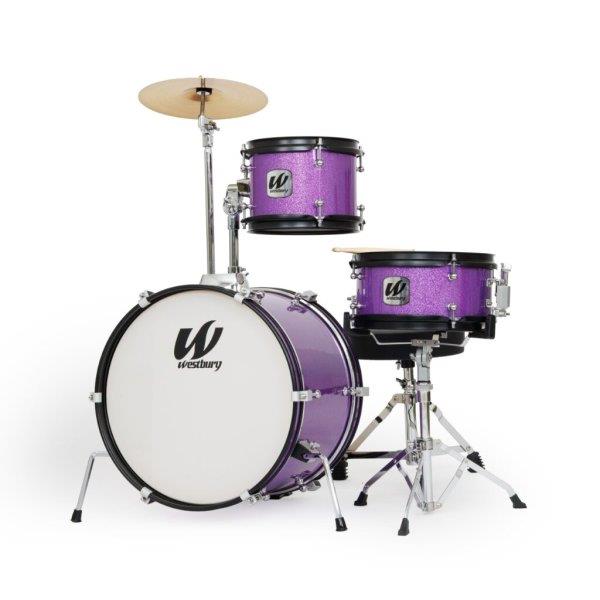 Westbury 3 PC Junior Drum Kit w/ Hardware, Cymbals & Throne - Purple Sparkle